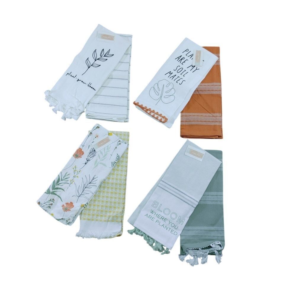 Kitchen Towels Tassels Floral & Striped Patterns 4 Pairs of 2 Garden Theme